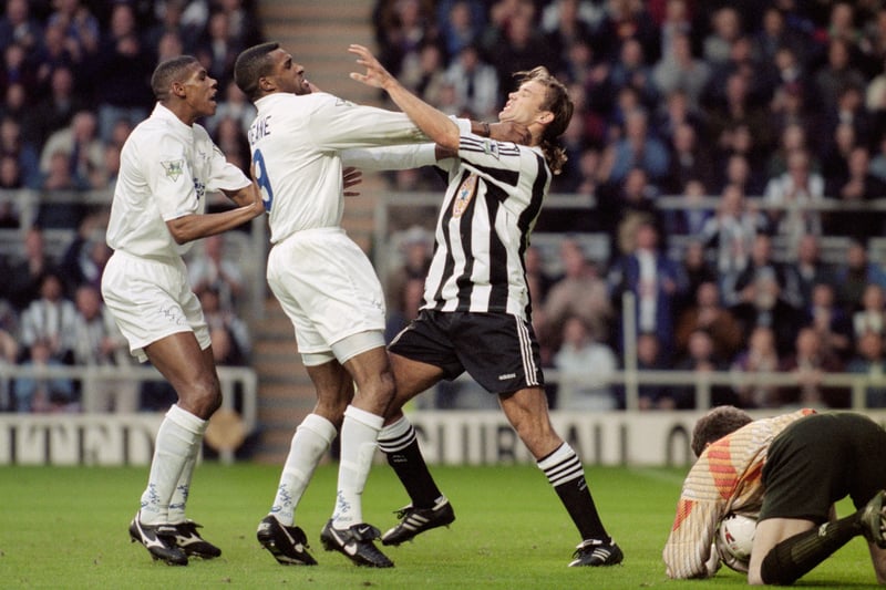 Brian Dean gets to grips with Toon defender Darren Peacock in a 2-1 away defeat to Newcastle United in November 1995.