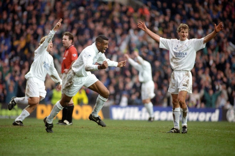 Brian Dean celebrates scoring the Whites’ third goal as Leeds pull off a 3-1 Premiership win over Manchester United on Christmas Eve 1995.