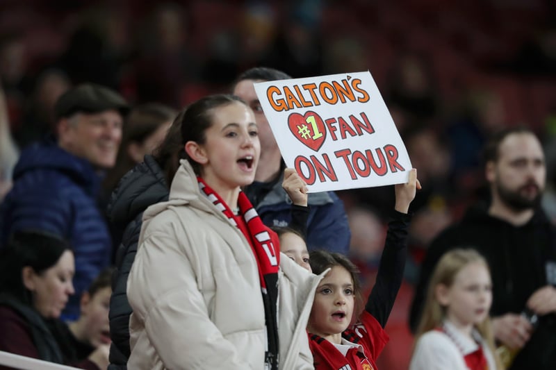 Fans hold up a banner in support of Manchester United star Leah Galton at the Emirates on November 19, 2022.