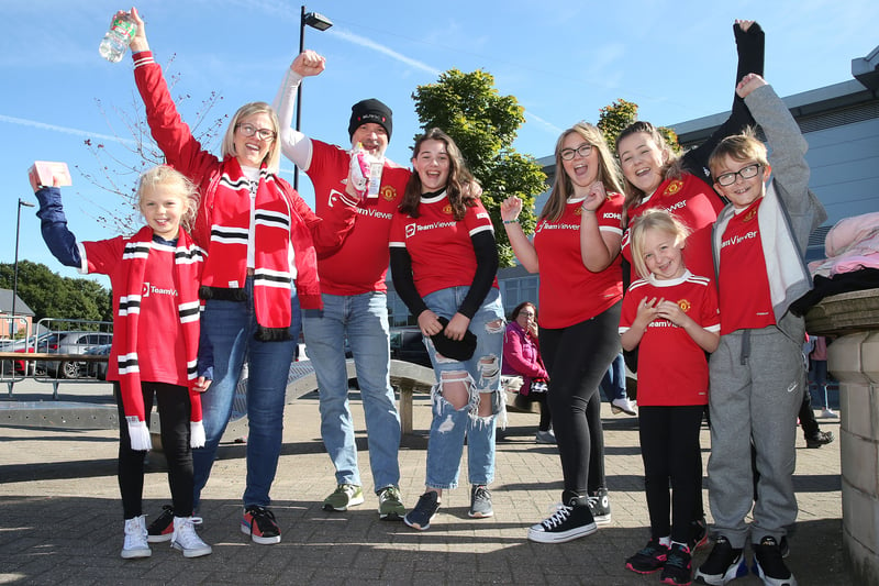  Fans  of Manchester United Women wait for the team to arrive at Leigh Sports Village on September 17, 2022.