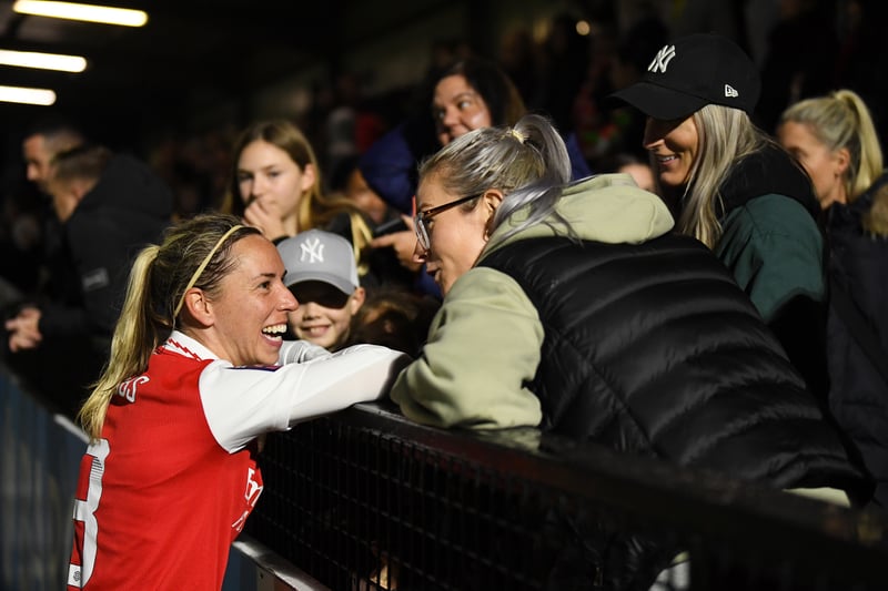 Jordan Nobbs of Arsenal talks with fans at Meadow Park on October 30, 2022.