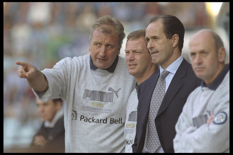 George Graham discusses changes with his coaching staff during his first game as United manager, a 2-0 Premiership defeat to Coventry. 