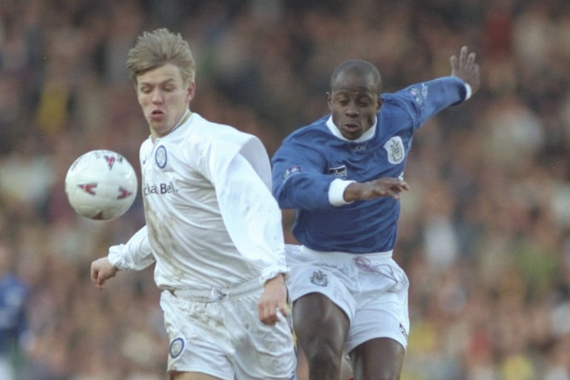 New signing Gunner Halle is challenged by Portsmouth’s Paul Hall as Pompey come out on top of a thrilling fifth round FA Cup tie at Elland Road in February 1997.