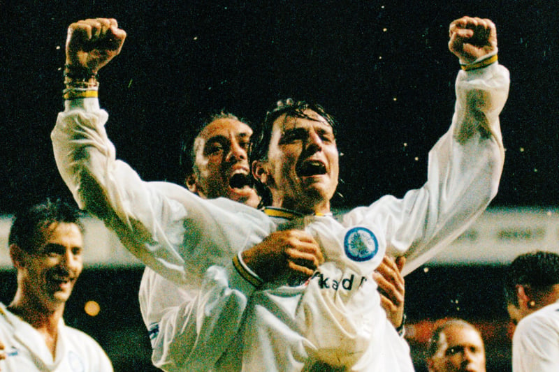 Lee Sharpe celebrates his first Premiership goal for United as the Whites claim a 1-0 win over Wimbledon at Elland Road in August 1996.