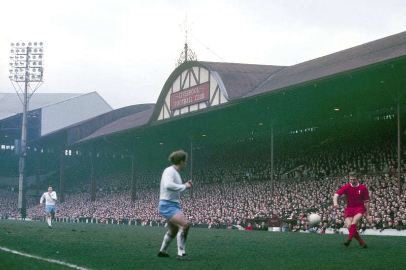 The old the Main Stand in colour as Peter Thompson of Liverpool crosses the ball. (Photo by Liverpool FC via Getty Images)