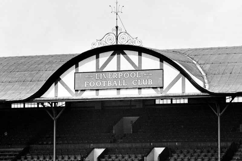 The decorative gable at the centre of the Main Stand roof, designed by Scottish architect Archibald Leitch. (Photo by Len Humphries /Liverpool FC via Getty Images)