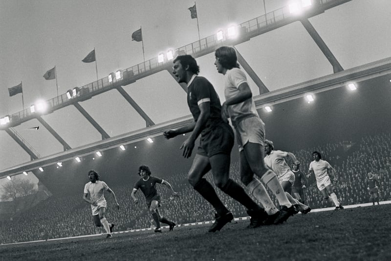 Liverpool play West Ham United under the Kemlyn Road floodlights in 1974. (Photo by Steve Hale/Liverpool FC via Getty Images)