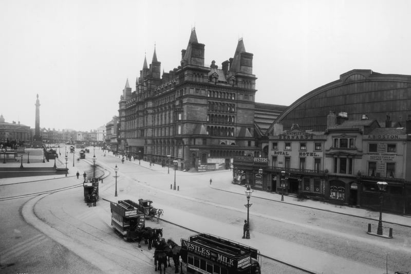 Horse drawn trams line up outside Liverpool Lime Street station in 1890.