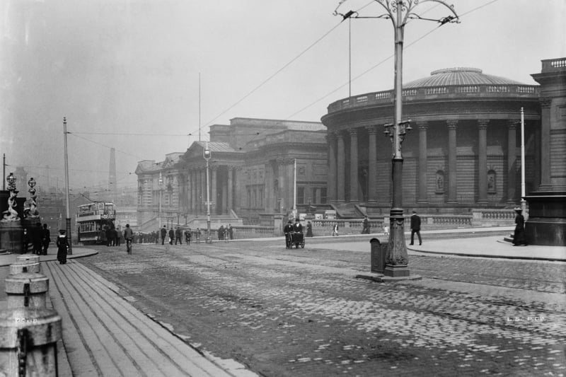 A tram heads away from William Brown Street, circa 1900. At far right is the Picton Reading Room of Liverpool Central Library, and behind it is the William Brown Library and Museum, which is now World Museum Liverpool. (Photo by London Stereoscopic Company/Hulton Archive/Getty Images)