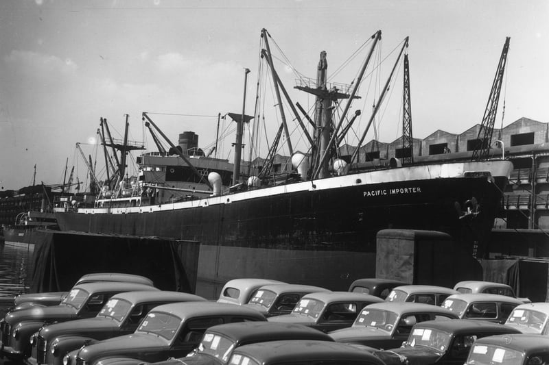 Cars lined up at the quays waiting to be transported via ship down the Manchester Ship Canal. Credit: Central Press/Getty Images