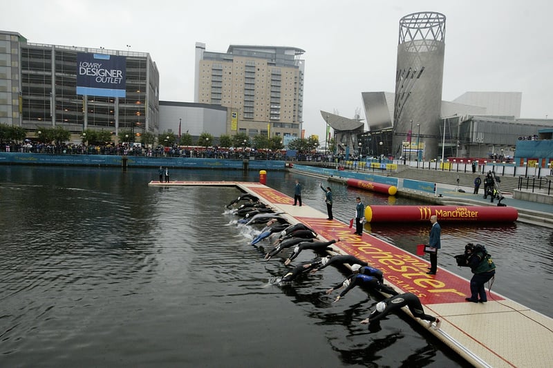 The start of the women’s triathlon during the 2002 Commonwealth Games at Salford Quays. Credit: Phil Cole/Getty Images