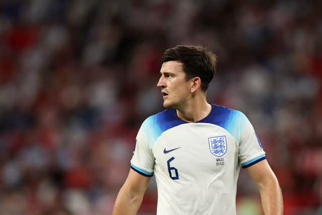 Harry Maguire of England looks on during the FIFA World Cup Qatar 2022 Group B match between Wales and England at Ahmad Bin Ali Stadium on November 29, 2022 in Doha, Qatar. (Photo by Francois Nel/Getty Images)