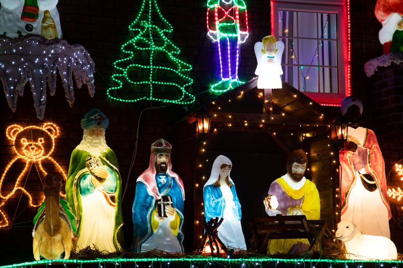 The display includes tens of thousands of lights as well as models telling the story of Jesus’ birth
