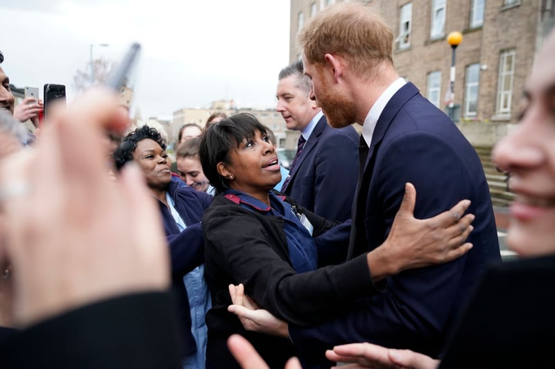 Prince Harry, Duke of Sussex welcomed by staff and wellwishers as he leaves The Institute of Translational Medicine at Queen Elizabeth Hospital, on March 04, 2019 in Birmingham, England. (Photo by Christopher Furlong - WPA Pool/Getty Images)