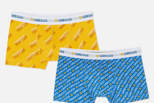 “The Greggs two-piece underpants set is back, this time combining a repeat Sausage Roll design with a set of vibrant blue and yellow briefs, a perfect novelty gift for pastry fans.”