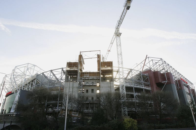 In recent decades the stadium has been expanded several times. Here construction work on the East Stand quadrant of the ground is taking place in 2005 as part of a project which would take the capacity of the ground over 70,000. Photo: Matthew Peters/Manchester United via Getty Images 