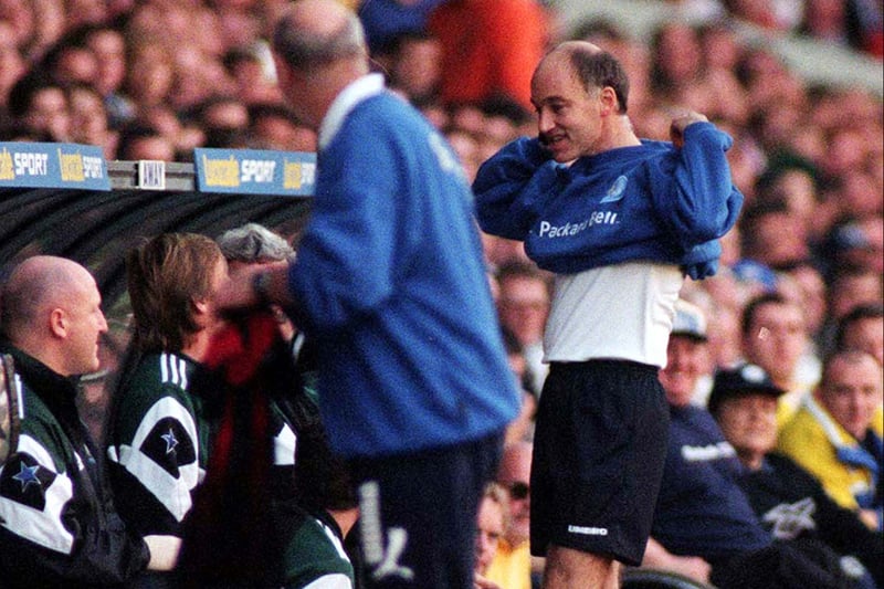 Referee David Elleray dons a Leeds United sweatshirt to perform his duties following complaints from Newcastle that his dark shirt clashed with their black kit in October 1997.