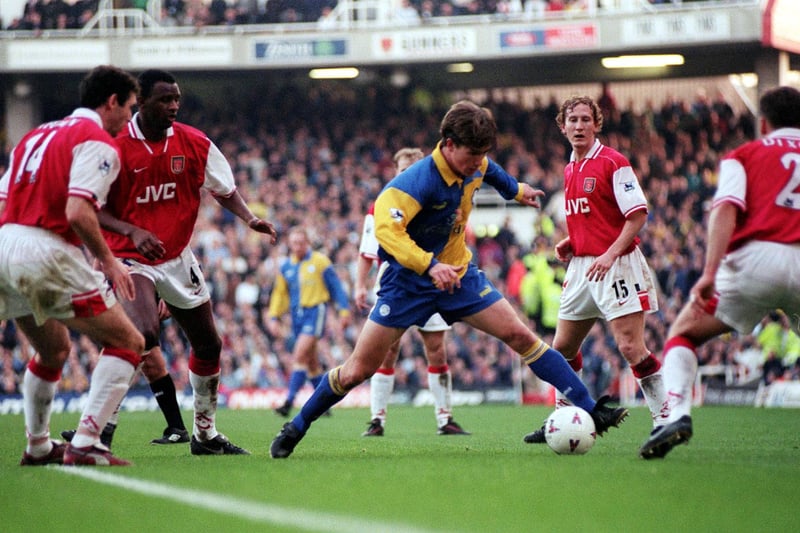 Harry Kewell tries to break through the Arsenal defence at Highbury, January 1998.