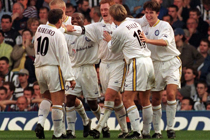 The Whites celebrate a Newcastle own goal during a 4-1 Premiership victory at Elland Road in October 1997.