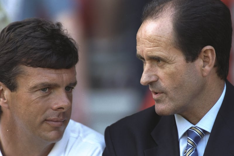 Whites boss George Graham in discussion with assistant manager David O’Leary during United’s Premiership opener against Arsenal in August 1997.