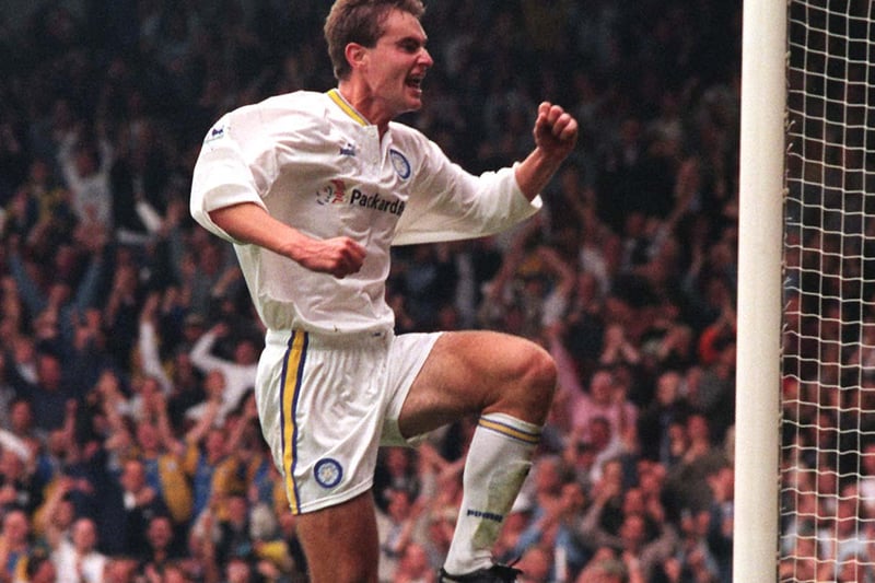 David Wetherall celebrates scoring the winner against Manchester United at Elland Road in September 1997.