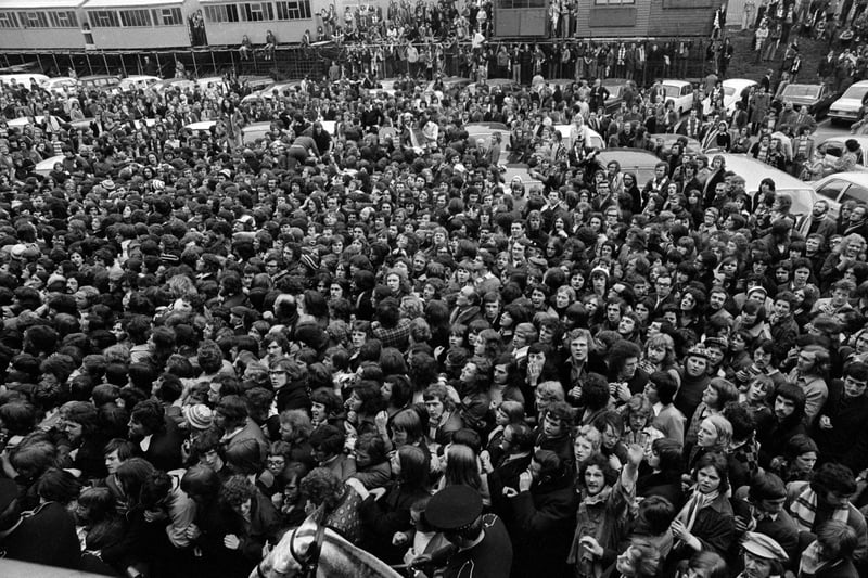 A swarm of Leeds United fans preparing to watch Leeds take on Ipswich in April 1974. 