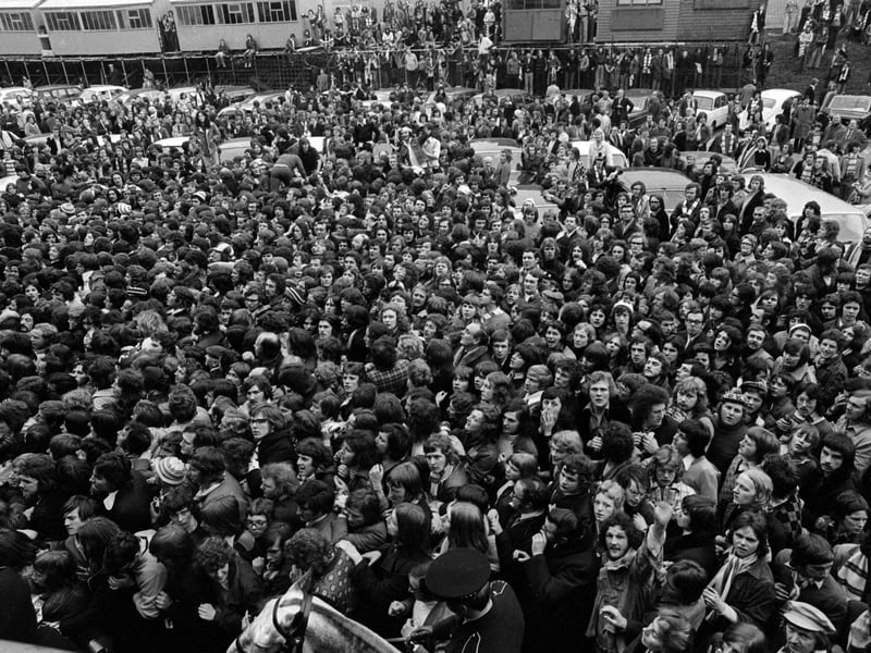 A swarm of Leeds United fans preparing to watch Leeds take on Ipswich in April 1974.