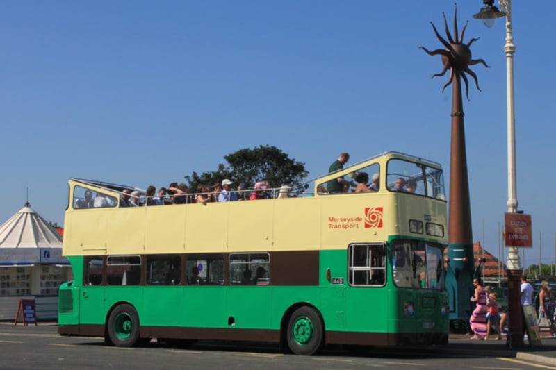 Preserved open top Merseyside PTE Atlantean 1449 at Southport Pier while operating heritage trips around the town in 2013.