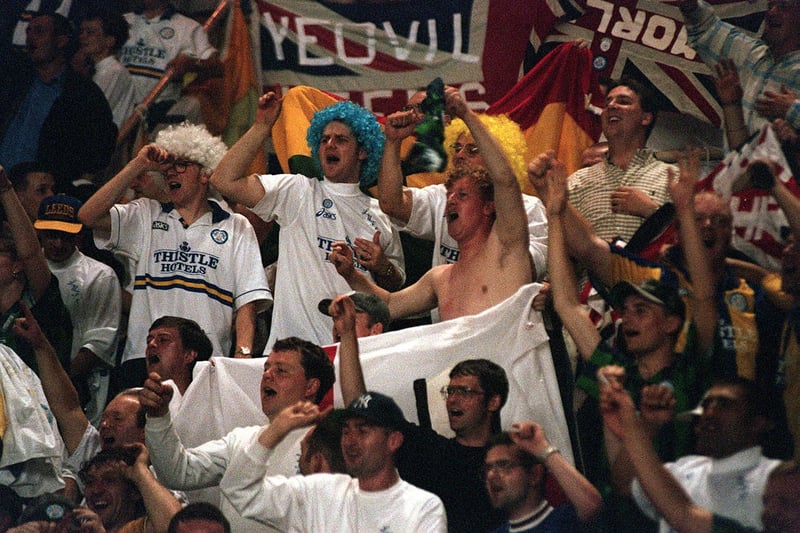 Leeds United fans in a party mood in Monaco, 1995.