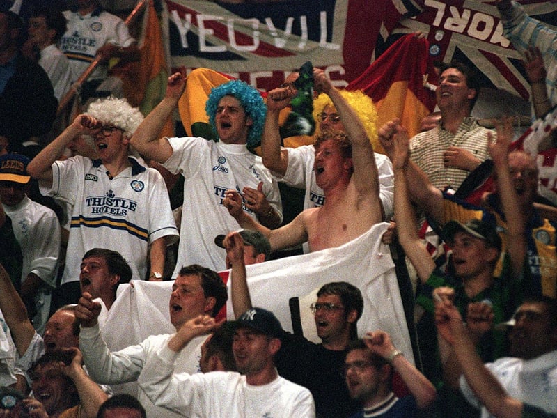 Leeds United fans in a party mood in Monaco, 1995.