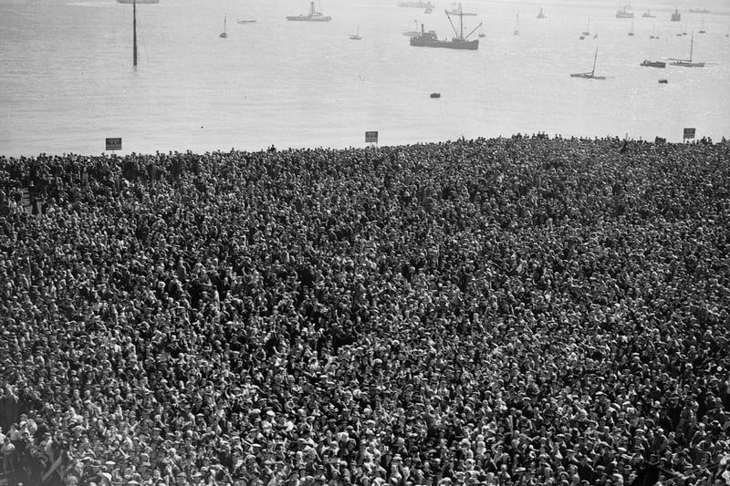 A section of the crowd which gathered to watch the launching of the liner, the Mauretania, at Cammell Laird shipyard in Birkenhead, July 1938. Image: Keystone/Getty Images