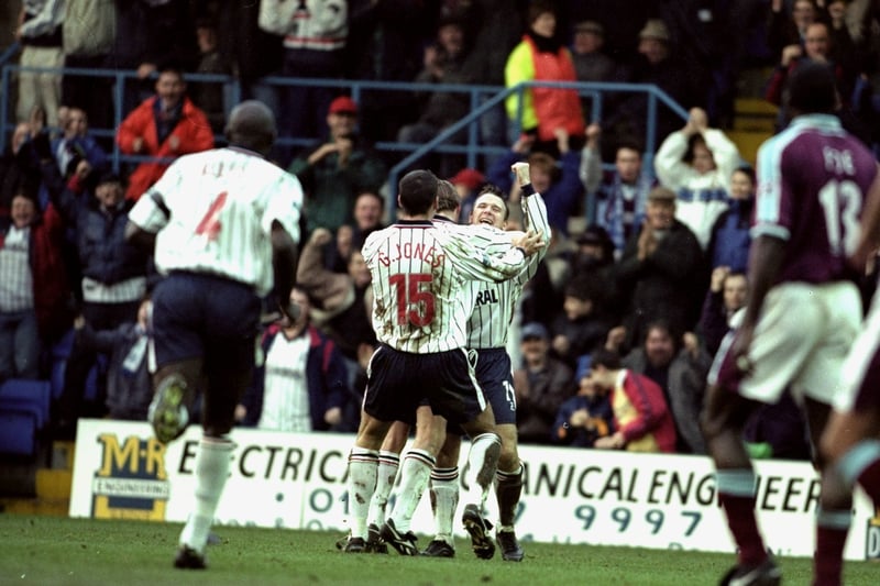 11 Dec 1999:  Tranmere celebrate Nick Henry’s winner during the FA Cup Third Round match against West Ham played at Prenton Park. Image: Mark Thompson /Allsport