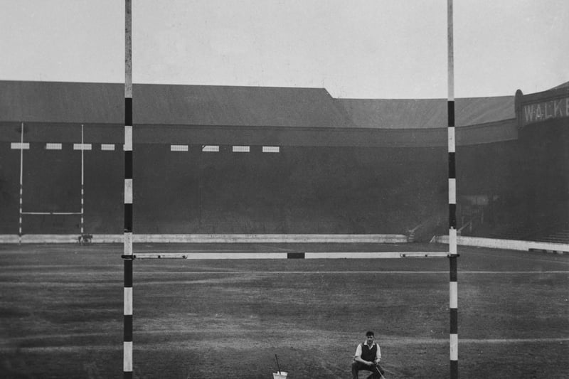 As well as being Manchester City’s home ground Maine Road was frequently used for big rugby league matches. This shot of the pitch being marked out in 1939 gives a good idea of what pre-war Maine Road looked like. Photo: Fox Photos/Getty Images