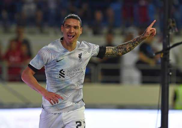 Darwin Nunez of Liverpool celebrates his first goal 3-1 during the game between Liverpool v AC Milan:  Dubai Super Cup on December 16, 2022 in Dubai, United Arab Emirates. (Photo by John Powell/Liverpool FC via Getty Images)