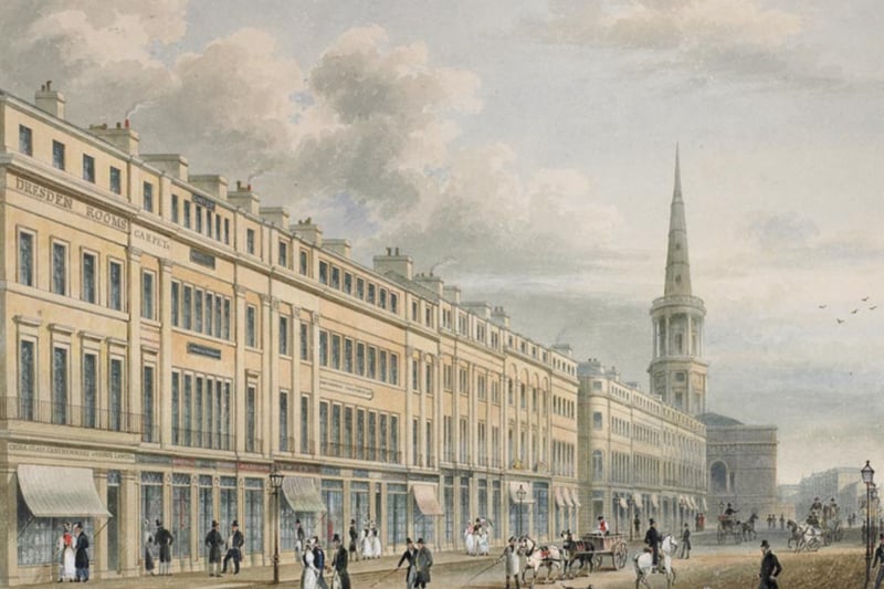 Gentlemen in top hats and ladies in petticoats window shop on Lord Street in 1828.