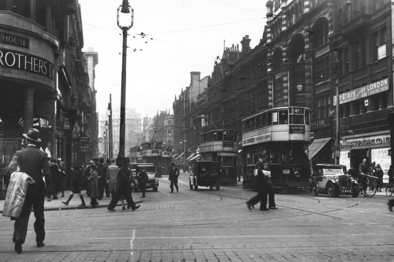 A bustling city street in Liverpool in 1934.  (Photo by Fox Photos/Getty Images)