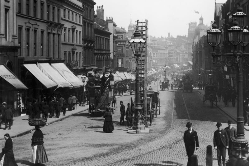A view down Lord Street, circa 1900, as shop canopies stretch off into the distance. (Photo by London Stereoscopic Company/Hulton Archive/Getty Images)