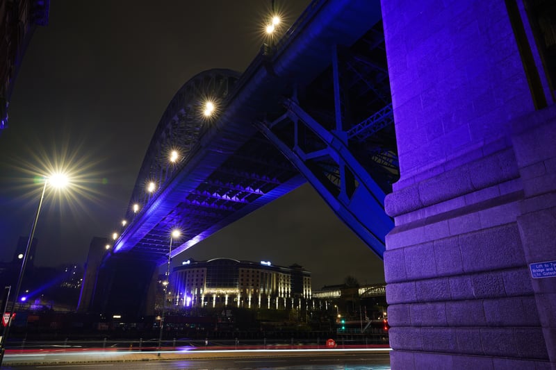 The Tyne Bridge in Newcastle is bathed in purple light to commemorate Holocaust Memorial Day on January 27, 2021.