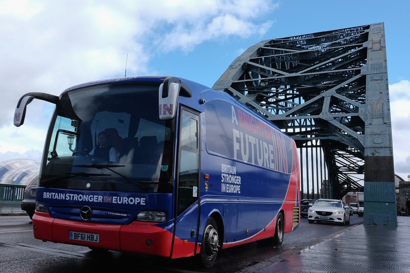 The Tyne Bridge takes up a political role in 2016 as the Britain Stronger In Europe bus crosses.