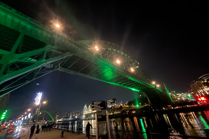 The Tyne Bridge shines green in tribute to Gordon Gault, a 14-year-old boy tragically killed after being stabbed in Elswick earlier this year.