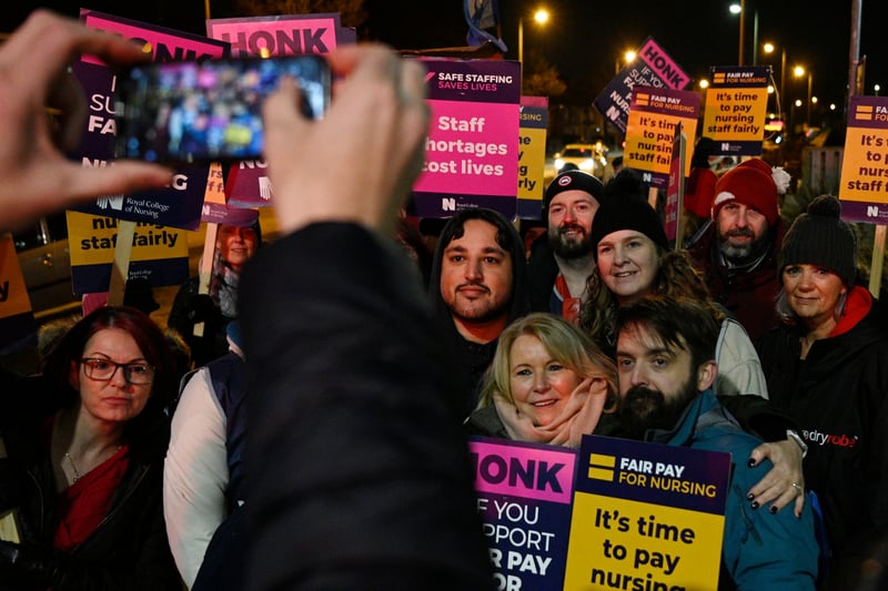 Pat Cullen, General Secretary and Chief Executive of the RCN poses for a picture with nurses on the picket line outside Aintree University Hospital on December 20, 2022. Image: Annabel Lee-Ellis/Getty Images