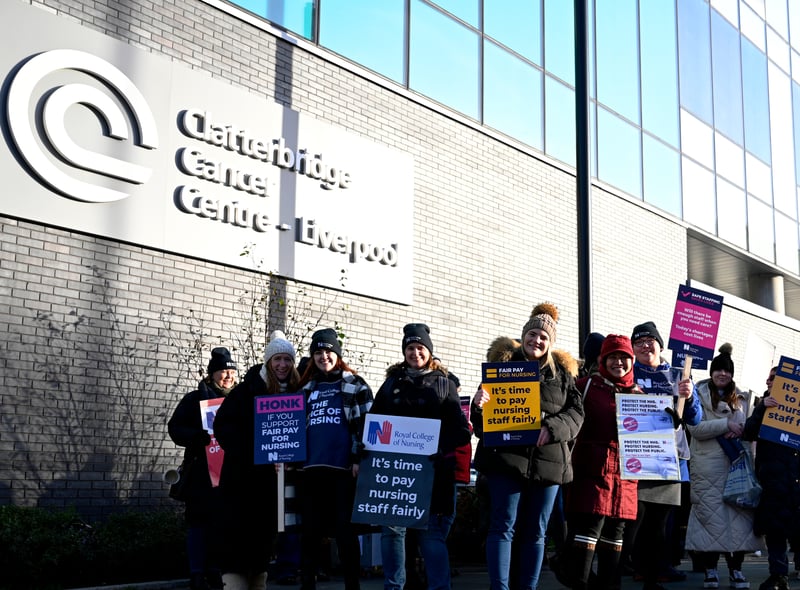 Nurses are seen on a picket line outside The Clatterbridge Cancer Centre on December 20, 2022. Image: Annabel Lee-Ellis/Getty Images