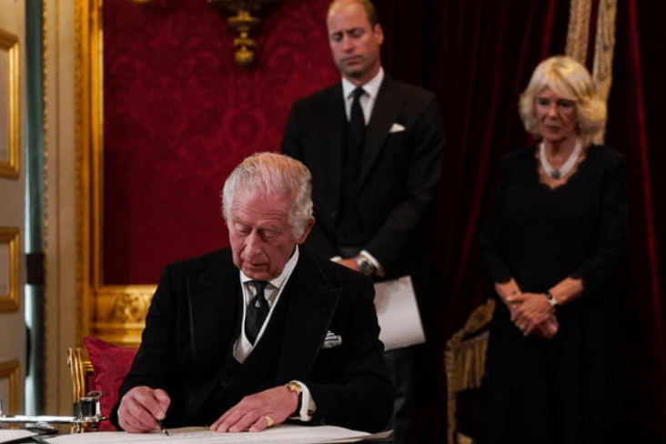 King Charles acceded to the throne immediately after his mother’s death. He is pictured with Queen Consort Camilla and the Prince of Wales at the Accession Council at St James’s Palace on 10 September where he was formally proclaimed King. In a televised address the day before he said he would serve the people with “loyalty, respect and love as I have throughout my life”.
He also spoke at his “profound sorrow” at the death of his “darling Mama”.