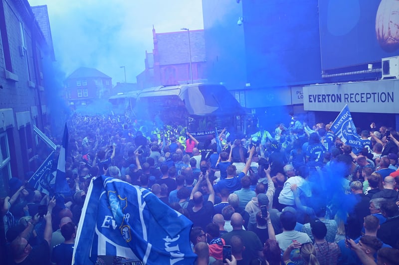 Everton fans welcome in the team coach before a clash against Brentford last season during the relegation battle.