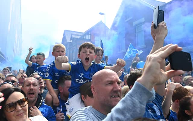 Everton fans outside Goodison Park before a clash against Brentford in May. Picture: Gareth Copley/Getty Images