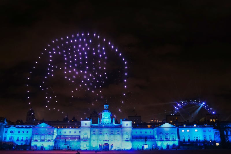 A drone show paying tribute to King Charles III was seen over the London skyline