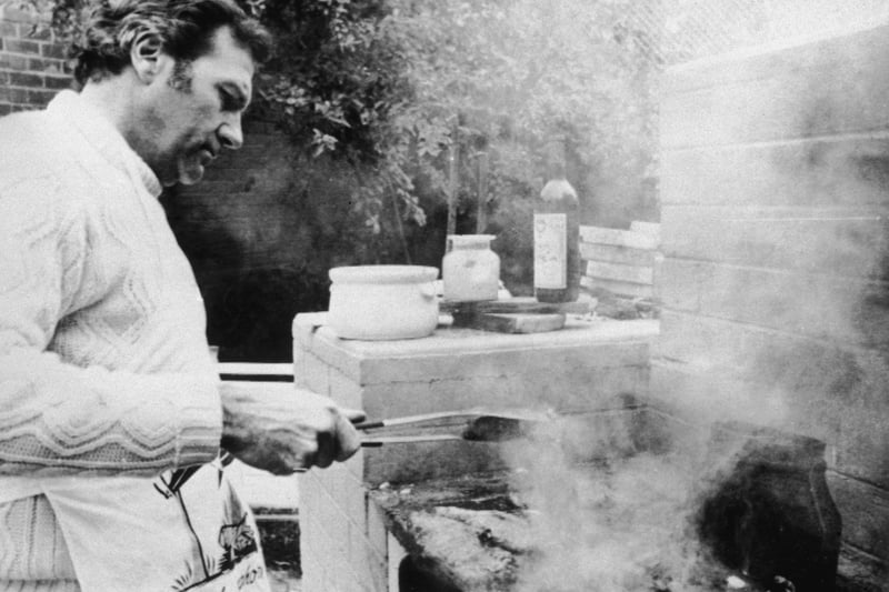 MP Stonehouse tending a barbeque at a house near Melbourne while living under the assumed name of Donald Clive Mildoon, 1974. Stonehouse had earlier faked his own death in Miami and was later arrested and charged with fraud, conspiracy and forgery