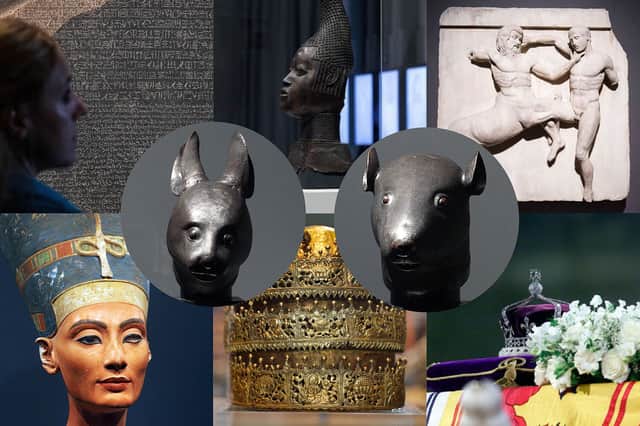 Composite of disputed artefacts including Elgin Marbles, Chinese and Benin Bronzes, Nefertiti’s bust and Koh-i-Noor diamond (NationalWorld / Getty Images)