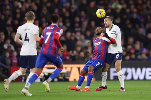 Jordan Ayew of Crystal Palace battles for possession with Eric Dier of Tottenham Hotspur during the Premier League match