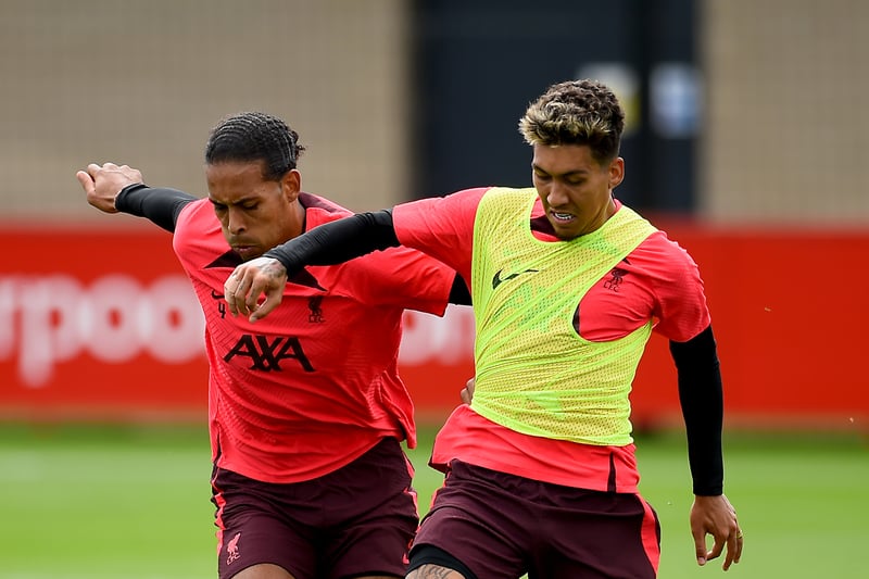 Virgil van Dij, left, and Roberto Firmino in Liverpool training. Picture: Andrew Powell/Liverpool FC via Getty Images
